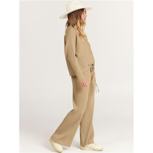 Women's Two Piece Outfit Crop Top Wide Leg Pants Cozy Knit Sweater Set - Picture 4 of 7